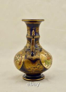 Antique Meiji-period Japanese Satsuma cobalt painted scene vase by Kinkozan