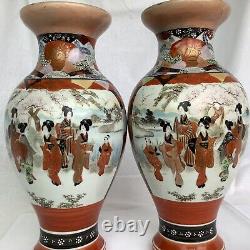 Antique Original Satsuma Meiji Two Large Matching Vases 1869-1912 Hand Painted