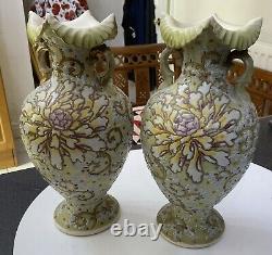 Antique Pair Japanese Moriage Jewelled Jeweled Satsuma Nippon Vase Floral Flower