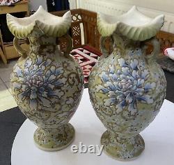 Antique Pair Japanese Moriage Jewelled Jeweled Satsuma Nippon Vase Floral Flower