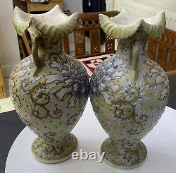 Antique Pair Japanese Moriage Jewelled Jeweled Satsuma Nippon Vase Floral Flower