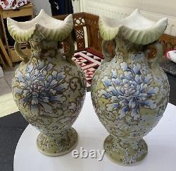 Antique Pair Japanese Moriage Jewelled Jeweled Satsuma Nippon Vase Floral Flower