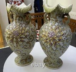 Antique Pair Japanese Moriage Jewelled Jeweled Satsuma Nippon Vase Floral Flower