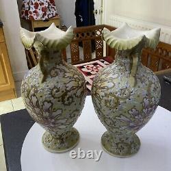 Antique Pair Japanese Moriage Jewelled Jeweled Satsuma Nippon Vase Floral Flower