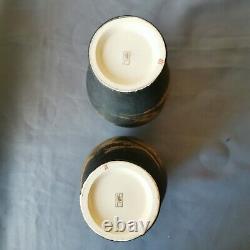 Antique Pair Japanese Satsuma High Quality Black Vases Landscape 8.5 Meiji