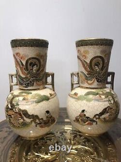 Antique Pair Of Japanese 19th Century Cracked Glaze Arch Angel Satsuma Vases