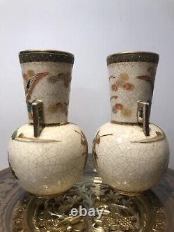 Antique Pair Of Japanese 19th Century Cracked Glaze Arch Angel Satsuma Vases