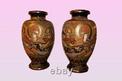 Antique Pair Of Japanese Satsuma Vases Porcelain Richly Decorated Rare Old 19th