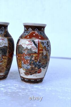 Antique Pair Of Small Meiji Period Japanese Satsuma Vases Figural Gilt Design
