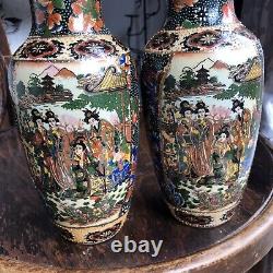 Antique Pair X2 Japanese Satsuma Vases Hand Painted Intricate Golden & Signed