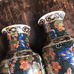 Antique Pair X2 Japanese Satsuma Vases Hand Painted Intricate Golden & Signed