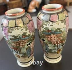 Antique Pair of Japanese Handpainted Satsuma Vases