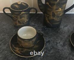 Antique SATSUMA pottery BLACK & GOLD PAGODA LAKE MOUNTAIN pattern 15p COFFEE SET