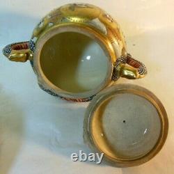 Antique SIGNED Japan SATSUMA Jar Lidded Urn Sugar BOWL Dragon Relief Moriage