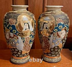 Antique Satsuma Pottery Vases Pair 7.5