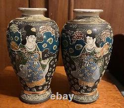 Antique Satsuma Pottery Vases Pair 7.5