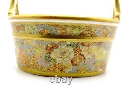 Antique Satsuma Thousand Flowers Porcelain Basket Marked Kinkozan Circa 1900