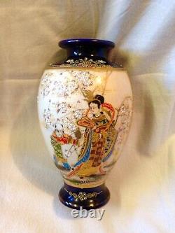 Antique Satsuma Vase Cobalt Blue And Gold Moriage Signed Kusube Yaichi