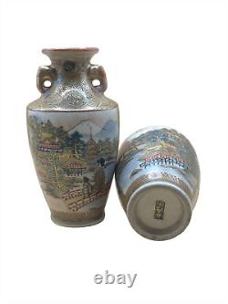 Antique Satsuma Vases Meiji-Taisho Era Shimazu Crest Yasui Signature