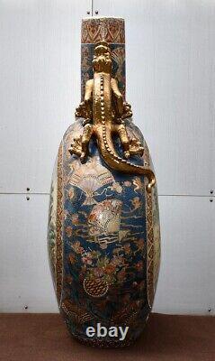 Antique Satsuma Ware Gold-glazed Double Dragon Vase Meiji Era H43 Samurai Japan