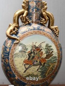 Antique Satsuma Ware Gold-glazed Double Dragon Vase Meiji Era H43 Samurai Japan