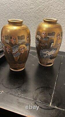 Antique Satsuma Ware Gold-glazed Vase Arhat Saints Signed H9.5 Meiji Era Japan