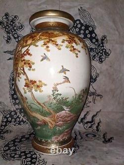 Antique Signed Kamiyama 12 1/2 inch Satsuma Vase with Bird and Maple Motif