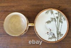 Antique Taisho Japanese Satsuma Koshida Porcelain Cup Saucer Bamboo and Cranes