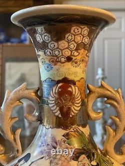 Antique Taisho or Showa period Japanese Satsuma vases with mark Kinkozan 12 1/2