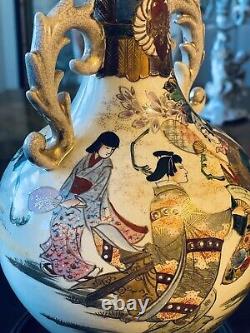 Antique Taisho or Showa period Japanese Satsuma vases with mark Kinkozan 12 1/2