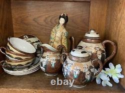 Antique japanese satsuma teaset for 3 eggshell teacups handpainted old