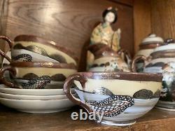 Antique japanese satsuma teaset for 3 eggshell teacups handpainted old