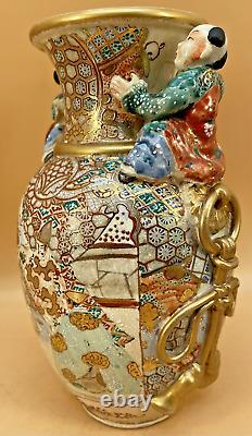 Beautiful Japanese Meiji Satsuma Vase With Sculptural Boys & Fine Decorations