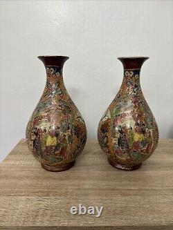 Beautiful Pair Antique Oriental Vase Hand Painted With Geisha Japanese Satsuma