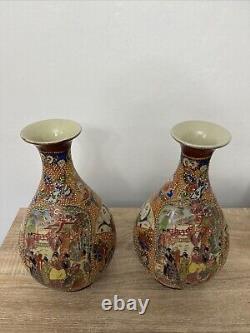 Beautiful Pair Antique Oriental Vase Hand Painted With Geisha Japanese Satsuma