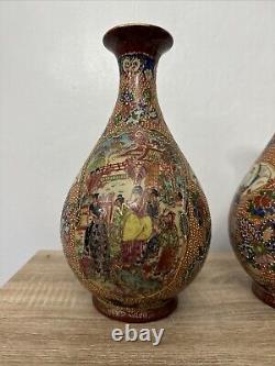 Beautiful Pair Antique Oriental Vase Hand Painted With Geisha Japanese Satsuma