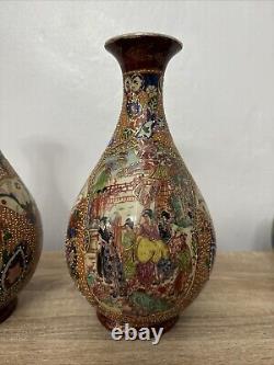 Beautiful Pair Antique Oriental Vase Hand Painted With Geisha Japanese Satsuma