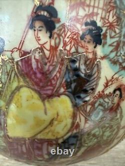 Beautiful Pair Antique Oriental Vase Hand Painted With Geisha Japanese Satsuma