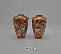 Beautiful Pair of Miniature Satsuma Vases Shimazu Crest Meiji Period