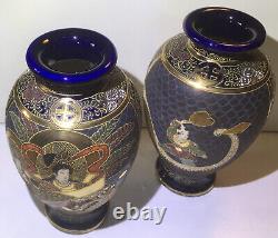 Beautiful Vintage Blue Japanese Hand Painted Vases Pair Signed Satsuma Style