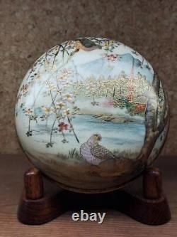 Bird & Flower pattern Incense Case Satsuma ware Japanese Antique Pottery Kogo