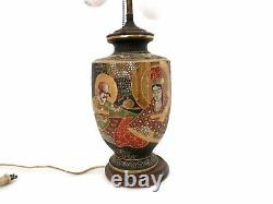 C. 1900 Japanese Satsuma Porcelain Moriage Lamp withDouble Sockets Immortals