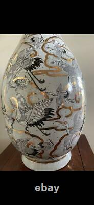 Crane Bird Paint Satsuma Ware Large Vase 24.2 inch Japanese Antique Pottery Art