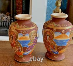 Early 20th Century Pair Of Japanese Satsuma Vases Painted & Enamelled Ceramic