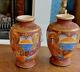 Early 20th Century Pair Of Japanese Satsuma Vases Painted & Enamelled Ceramic