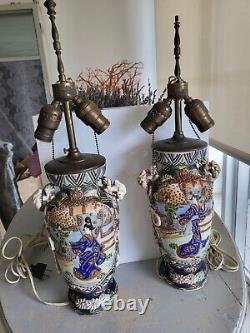 Fabulous Pair Antique Japanese Satsuma Hand Painted Lamps Moriage