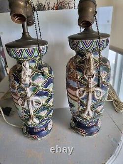 Fabulous Pair Antique Japanese Satsuma Hand Painted Lamps Moriage