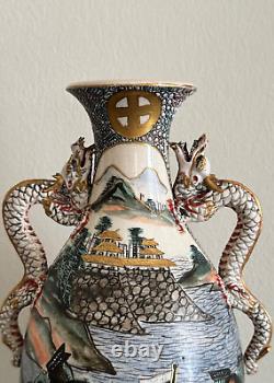 Fine Antique Japanese Satsuma Pottery Vase High Relief Decor & Dragon Handles