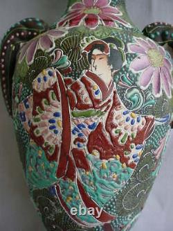 Gorgeous Japanese Meiji Heavy Moriage Pair Of Handled Vases 12 Geishas Satsuma