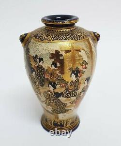 Gorgeous Little Antique Signed Satsuma Vase with Samurai and Geishas on Cobalt